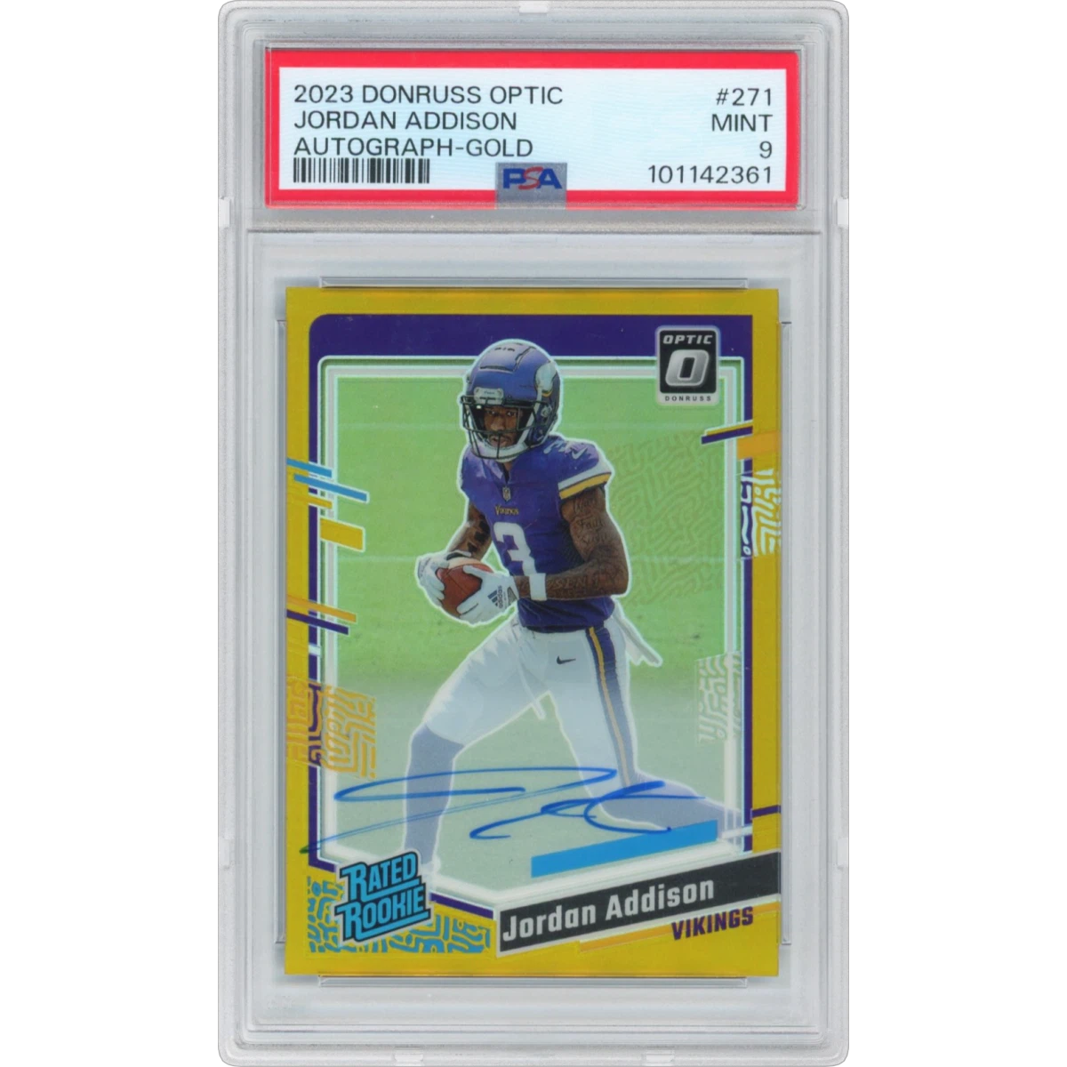 2023 Panini Donruss Optic #271 Jordan Addison - Autograph-Gold (PSA 9 MINT)