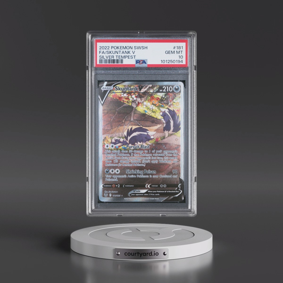 2022 Pokémon Sword & Shield Silver Tempest #181 Skuntank V - Holo Full Art (PSA 10 GEM MINT)