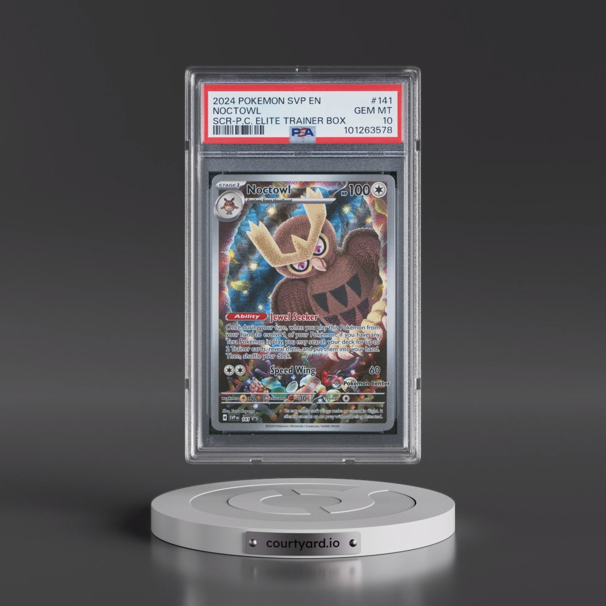 2024 Pokémon Svp EN-SV Black Star Promo #141 Noctowl - Stellar Crown Pokemon Center Elite Trainer Box (PSA 10 GEM MINT)
