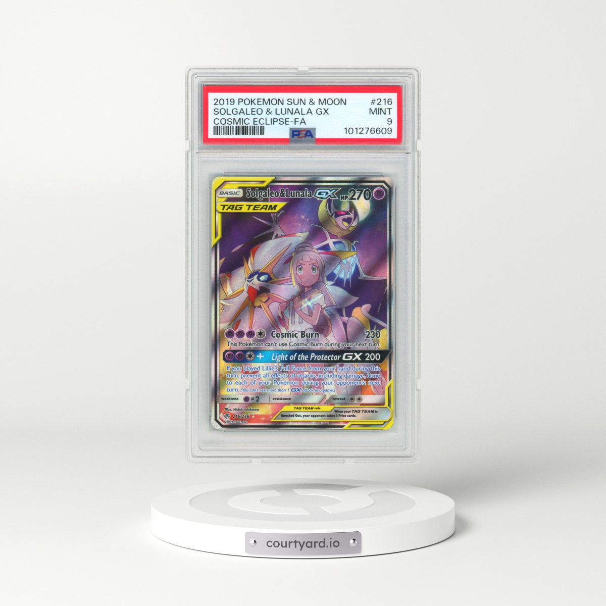 2019 Pokémon Sun & Moon Cosmic Eclipse #216 Solgaleo & Lunala GX - Holo Full Art (PSA 9 MINT)