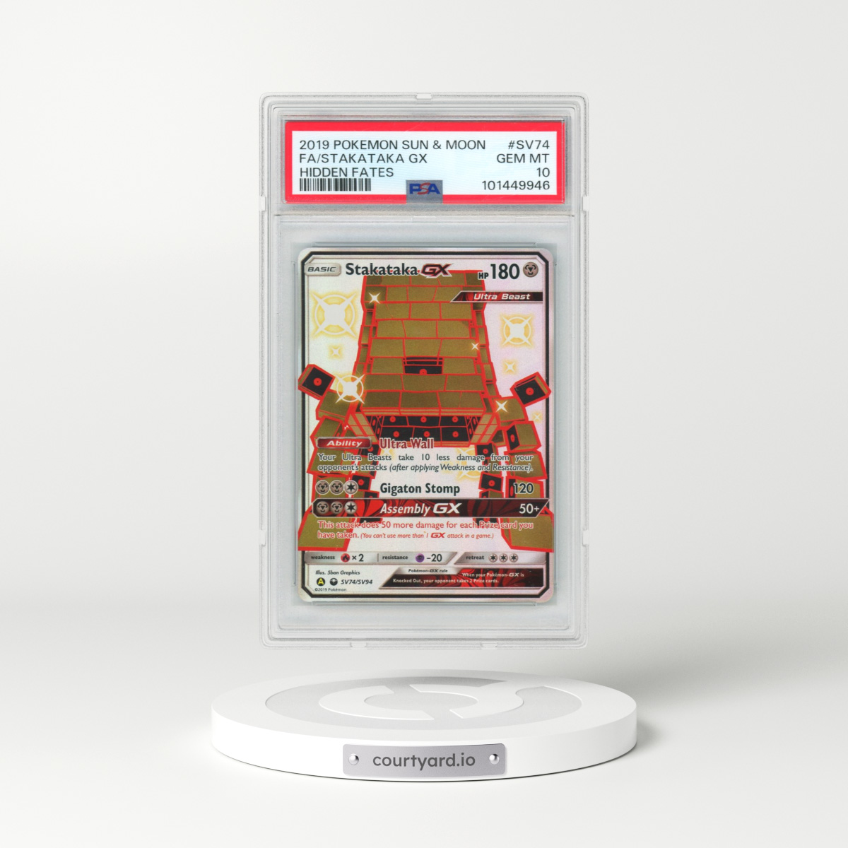 2019 Pokémon Sun & Moon Hidden Fates #SV74 Stakataka GX - Holo Full Art (PSA 10 GEM MINT)