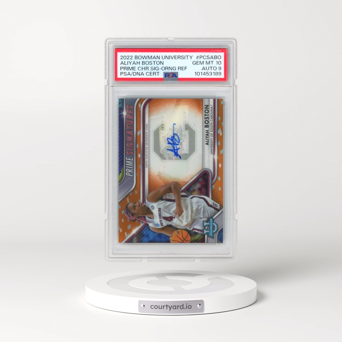 2022 Bowman Chrome University Prime Chrome Signatures #PCSABO Aliyah Boston - Orange Refractor (PSA 10 GEM MINT)