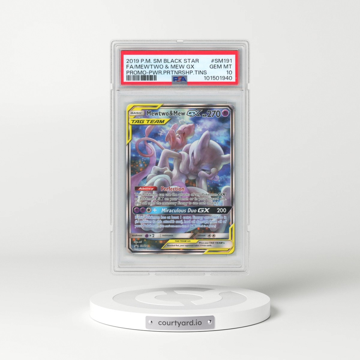 2019 Pokémon SM Black Star Promo #SM191 Mewtwo & Mew GX - Holo Full Art Power Partnership Tins (PSA 10 GEM MINT)