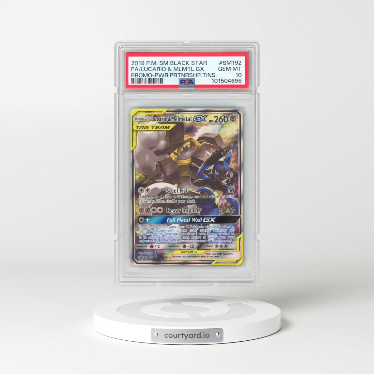 2019 Pokémon SM Black Star Promo #SM192 Lucario & Melmetal GX - Holo Full Art Power Partnership Tins (PSA 10 GEM MINT)