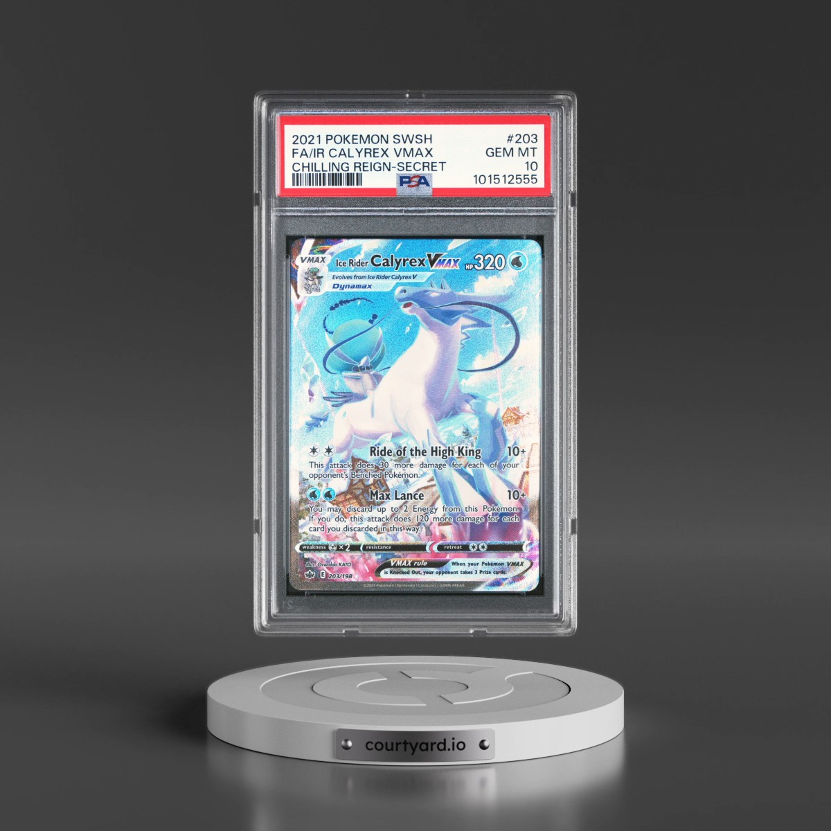 2021 Pokémon Sword & Shield Chilling Reign #203 Ice Rider Calyrex Vmax - Full Art Secret (PSA 10 GEM MINT)