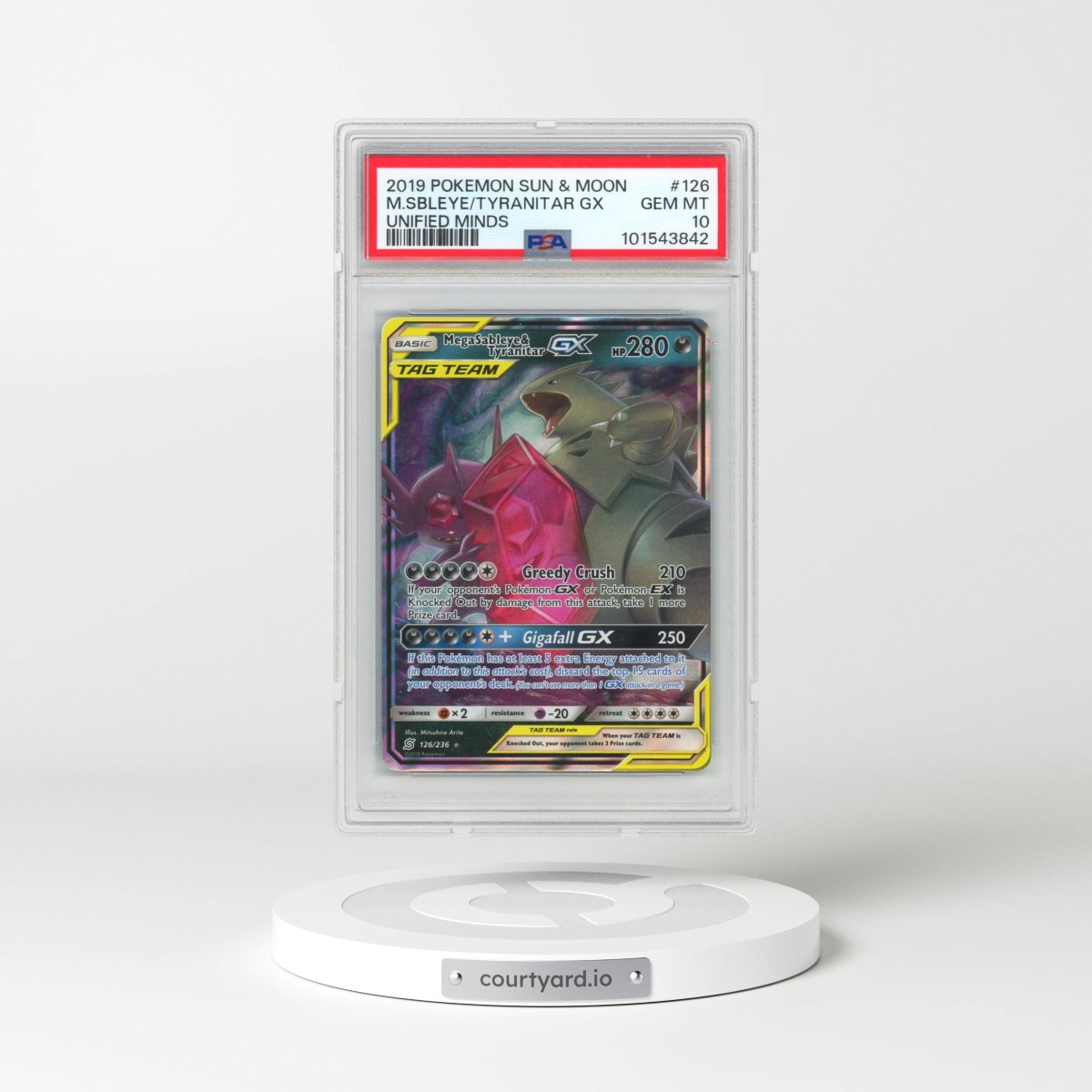 2019 Pokémon Sun & Moon Unified Minds #126 Mega Sableye & Tyranitar GX - Holo (PSA 10 GEM MINT)