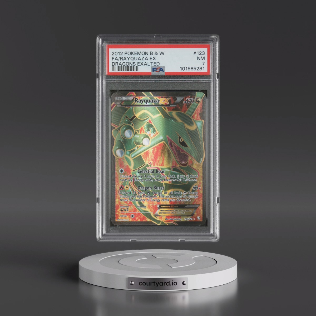 2012 Pokémon Black & White Dragons Exalted #123 Rayquaza EX - Holo Full Art (PSA 7 NM)