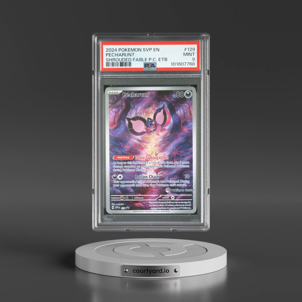 2024 Pokémon Svp EN-SV Black Star Promo #129 Pecharunt - Shrouded Fable Pokemon Center Elite Trainer Box (PSA 9 MINT)