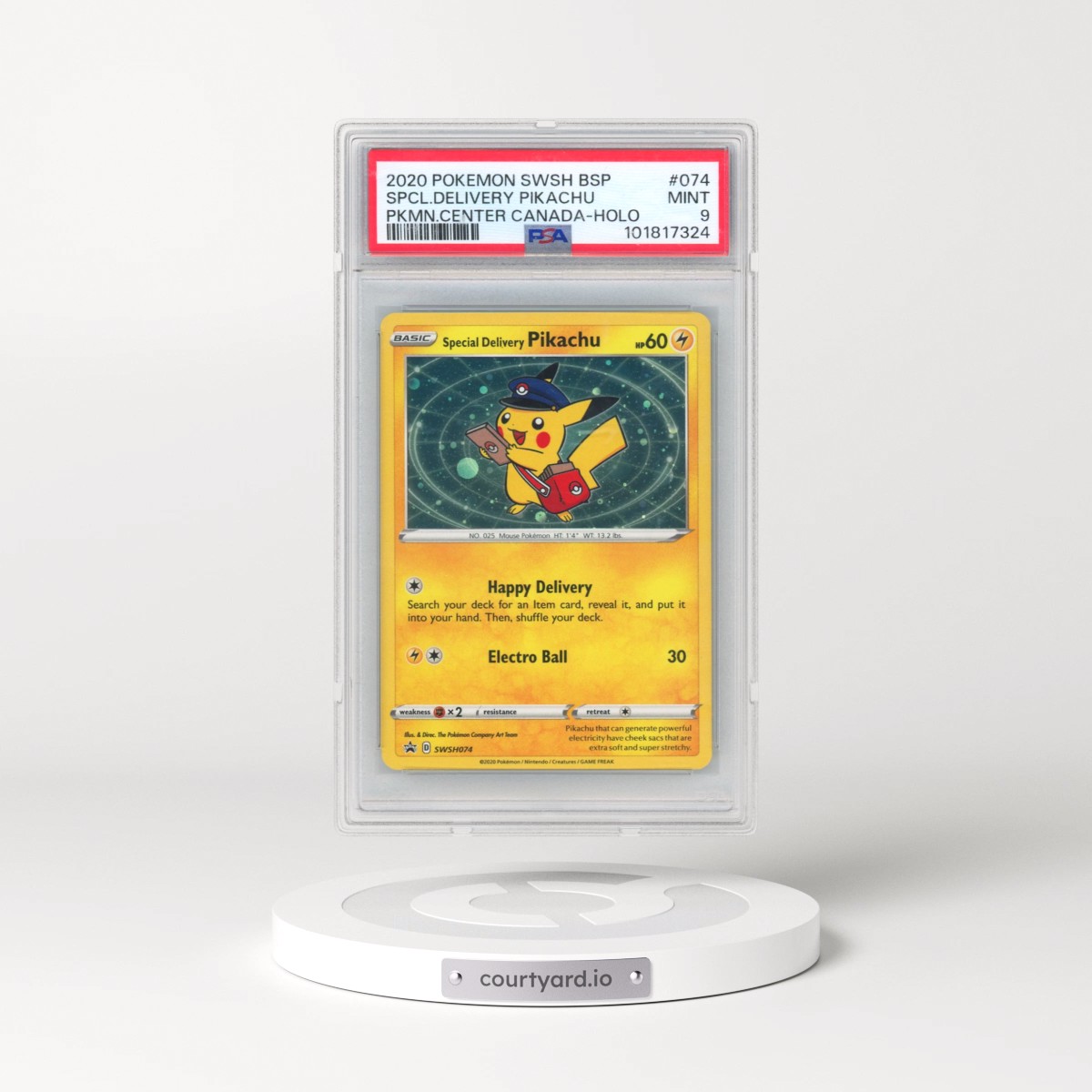 2020 Pokémon Swsh Black Star Promo #074 Special Delivery Pikachu - Holo Pokemon Center Canada (PSA 9 MINT)