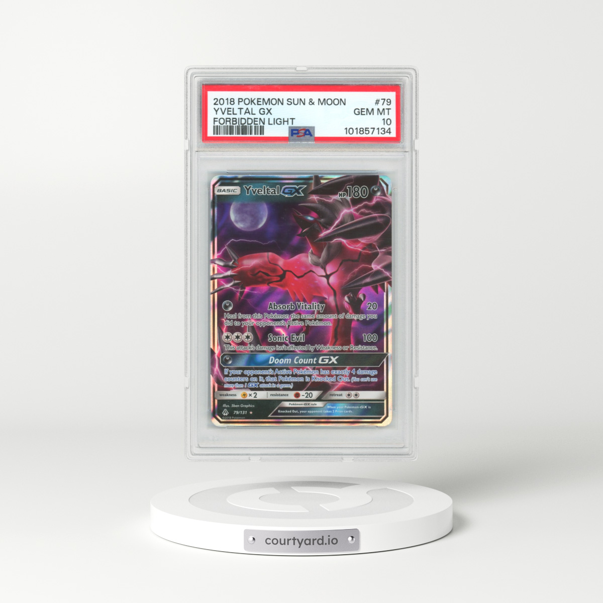 2018 Pokémon Sun & Moon Forbidden Light #79 Yveltal GX - Holo (PSA 10 GEM MINT)