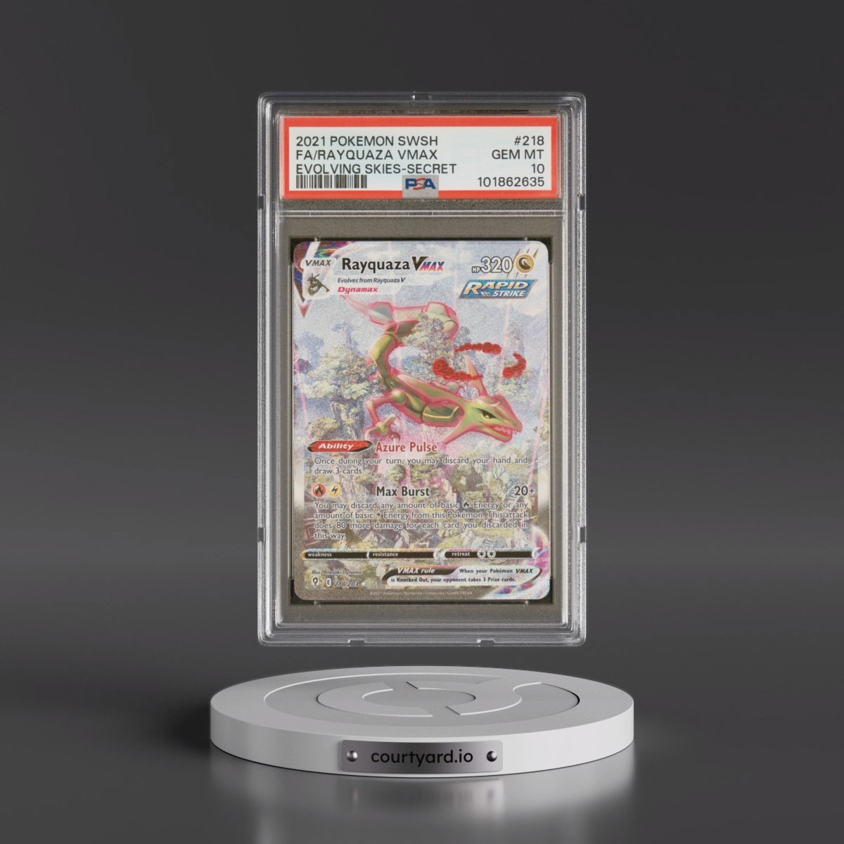 2021 Pokémon Sword & Shield Evolving Skies Rayquaza Vmax - Full Art Secret #218 PSA 10
