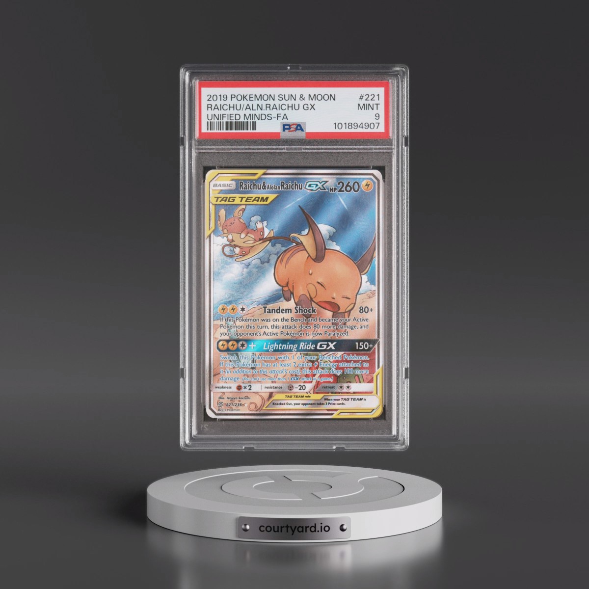 2019 Pokémon Sun & Moon Unified Minds #221 Raichu & Alolan Raichu GX - Holo Full Art (PSA 9 MINT)