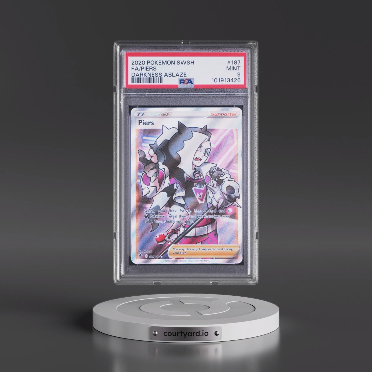 2020 Pokémon Sword & Shield Darkness Ablaze #187 Piers - Full Art (PSA 9 MINT)