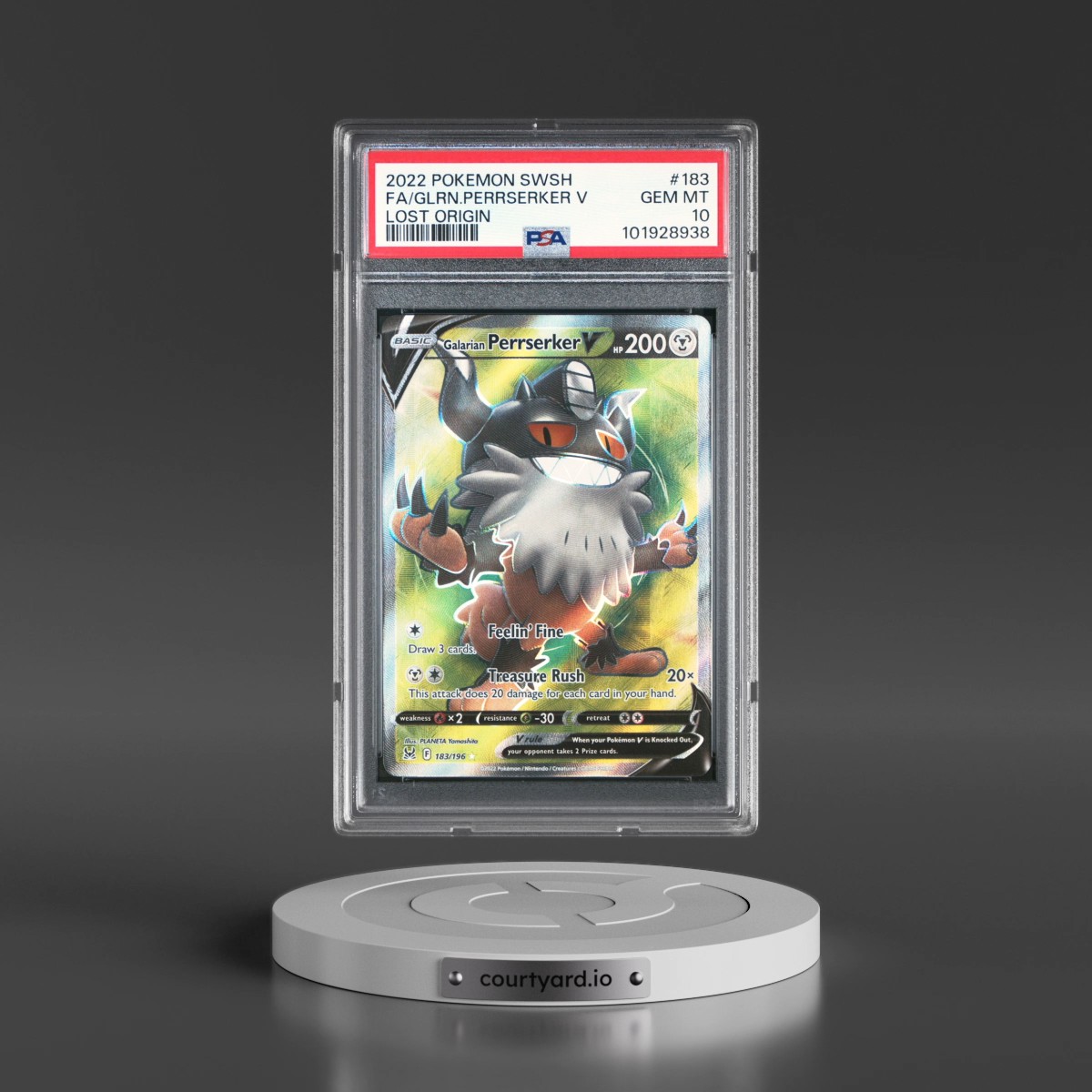 2022 Pokémon Sword & Shield Lost Origin #183 Galarian Perrserker V - Holo Full Art (PSA 10 GEM MINT)