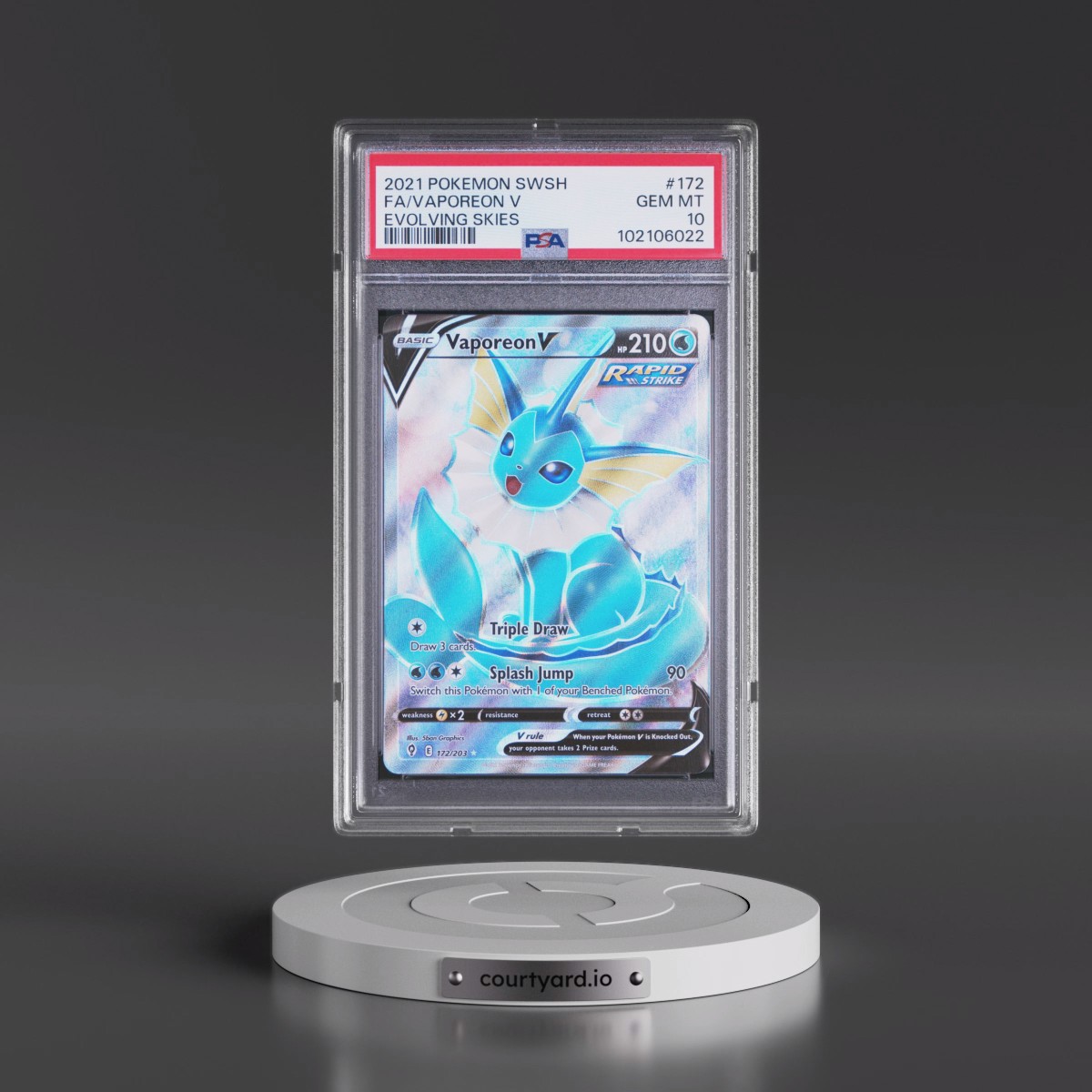 2021 Pokémon Sword & Shield Evolving Skies #172 Vaporeon V - Holo Full Art (PSA 10 GEM MINT)