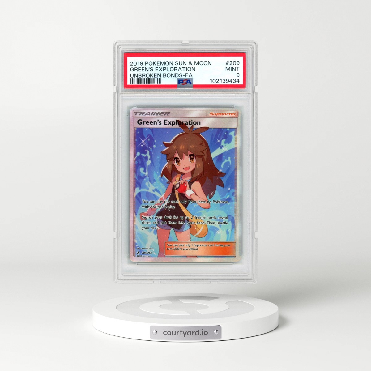 2019 Pokémon Sun & Moon Unbroken Bonds #209 Green's Exploration - Full Art (PSA 9 MINT)