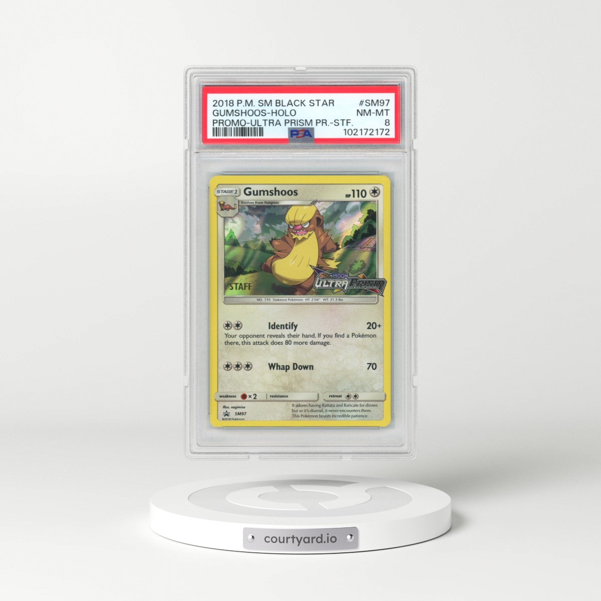 2018 Pokémon SM Black Star Promo #SM97 Gumshoos - Holo Ultra Prism Prerelease-Staff (PSA 8 NM-MT)