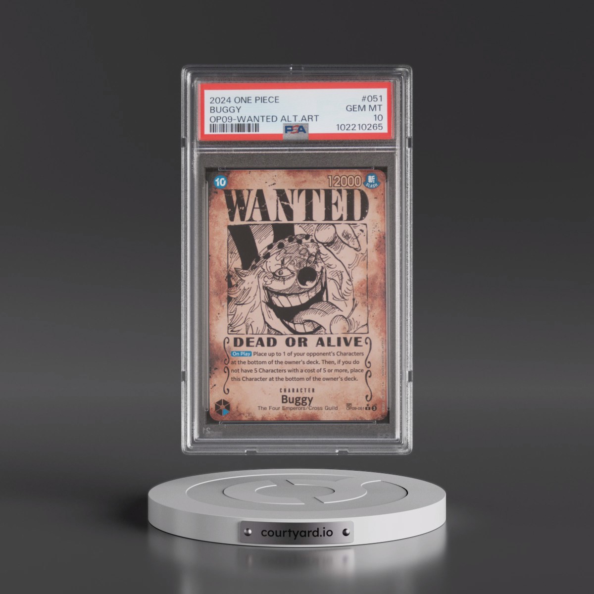 2024 One Piece OP09-Emperors in the New World #051 Buggy - Wanted Alternate Art (PSA 10 GEM MINT)