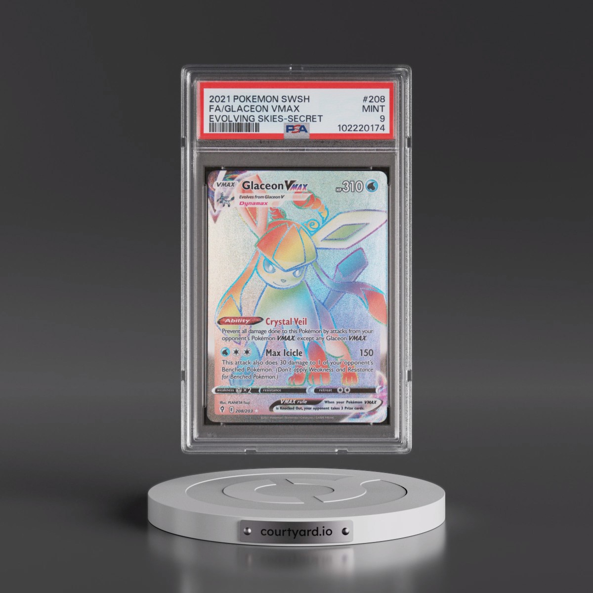 2021 Pokémon Sword & Shield Evolving Skies #208 Glaceon Vmax - Full Art Secret (PSA 9 MINT)