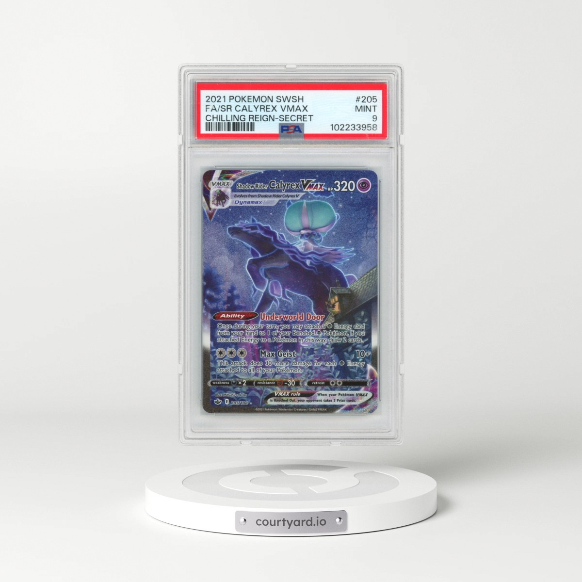 2021 Pokémon Sword & Shield Chilling Reign #205 Shadow Rider Calyrex Vmax - Full Art Secret (PSA 9 MINT)