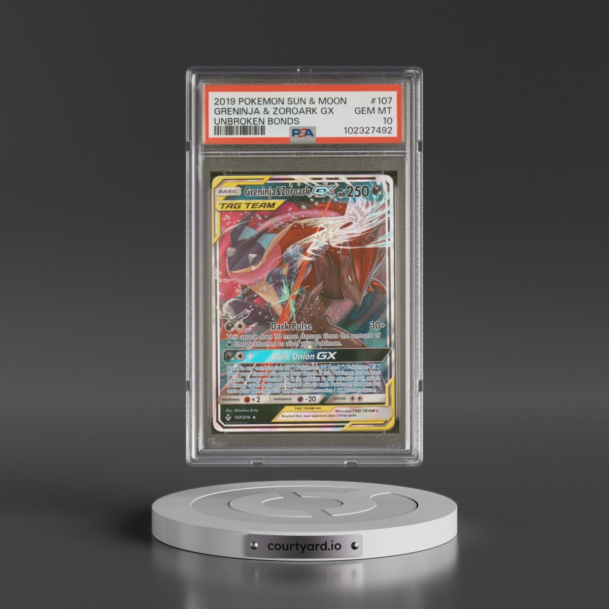 2019 Pokémon Sun & Moon Unbroken Bonds #107 Greninja & Zoroark GX - Holo (PSA 10 GEM MINT)