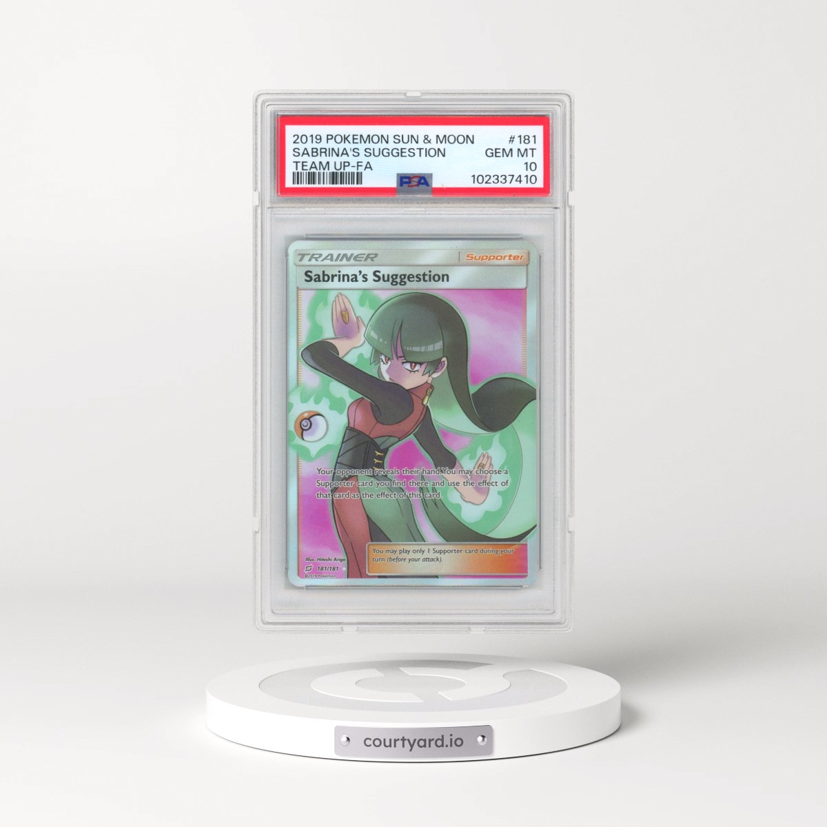 2019 Pokémon Sun & Moon Team Up #181 Sabrina's Suggestion - Full Art (PSA 10 GEM MINT)