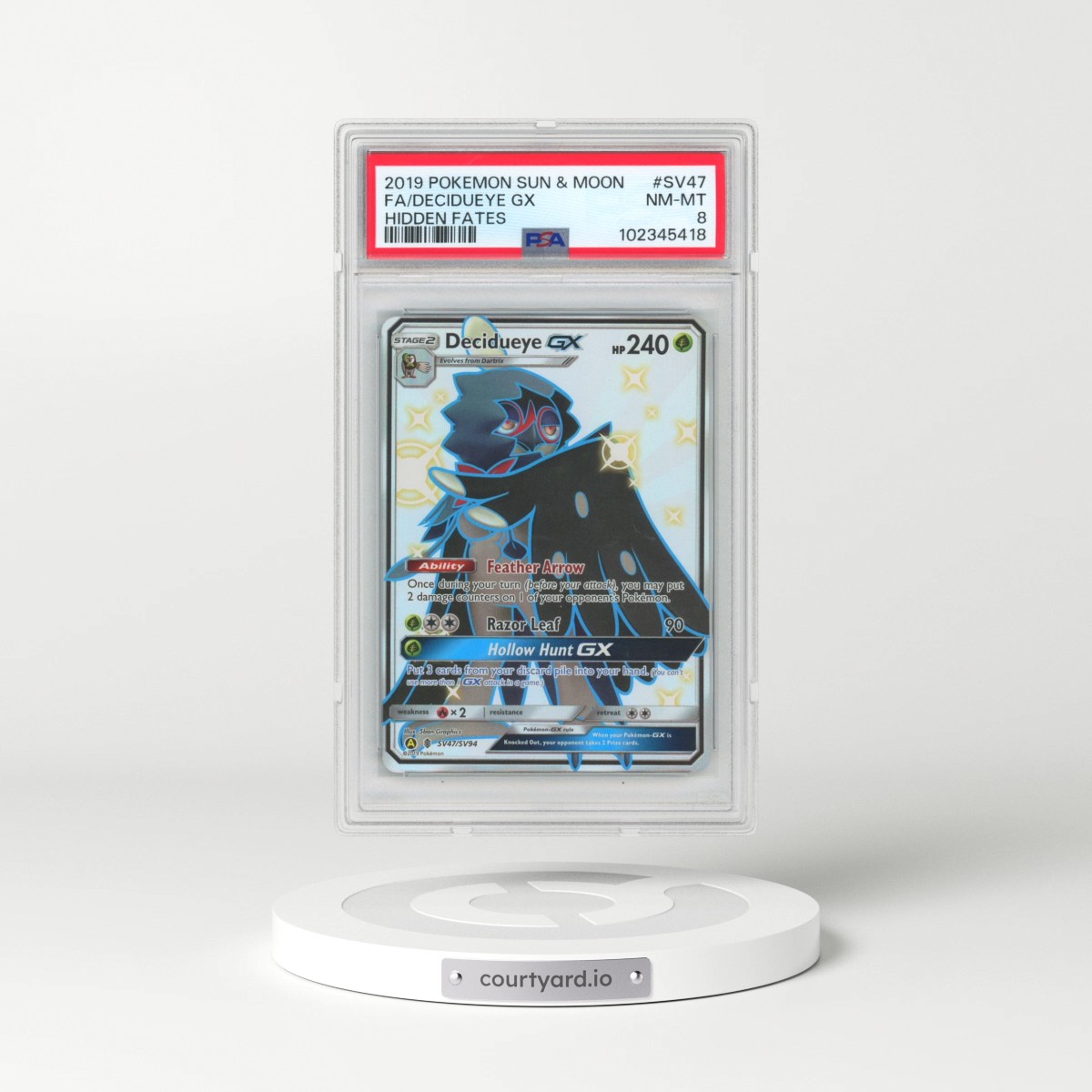 2019 Pokémon Sun & Moon Hidden Fates #SV47 Decidueye GX - Holo Full Art (PSA 8 NM-MT)