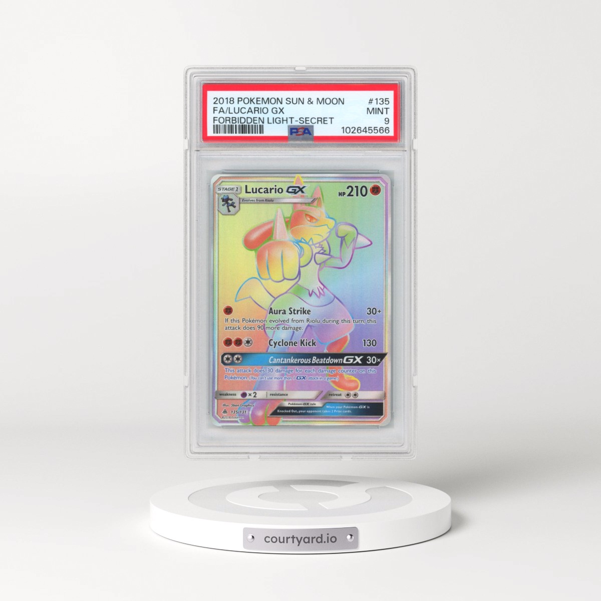 2018 Pokémon Sun & Moon Forbidden Light #135 Lucario GX - Holo Full Art Secret (PSA 9 MINT)