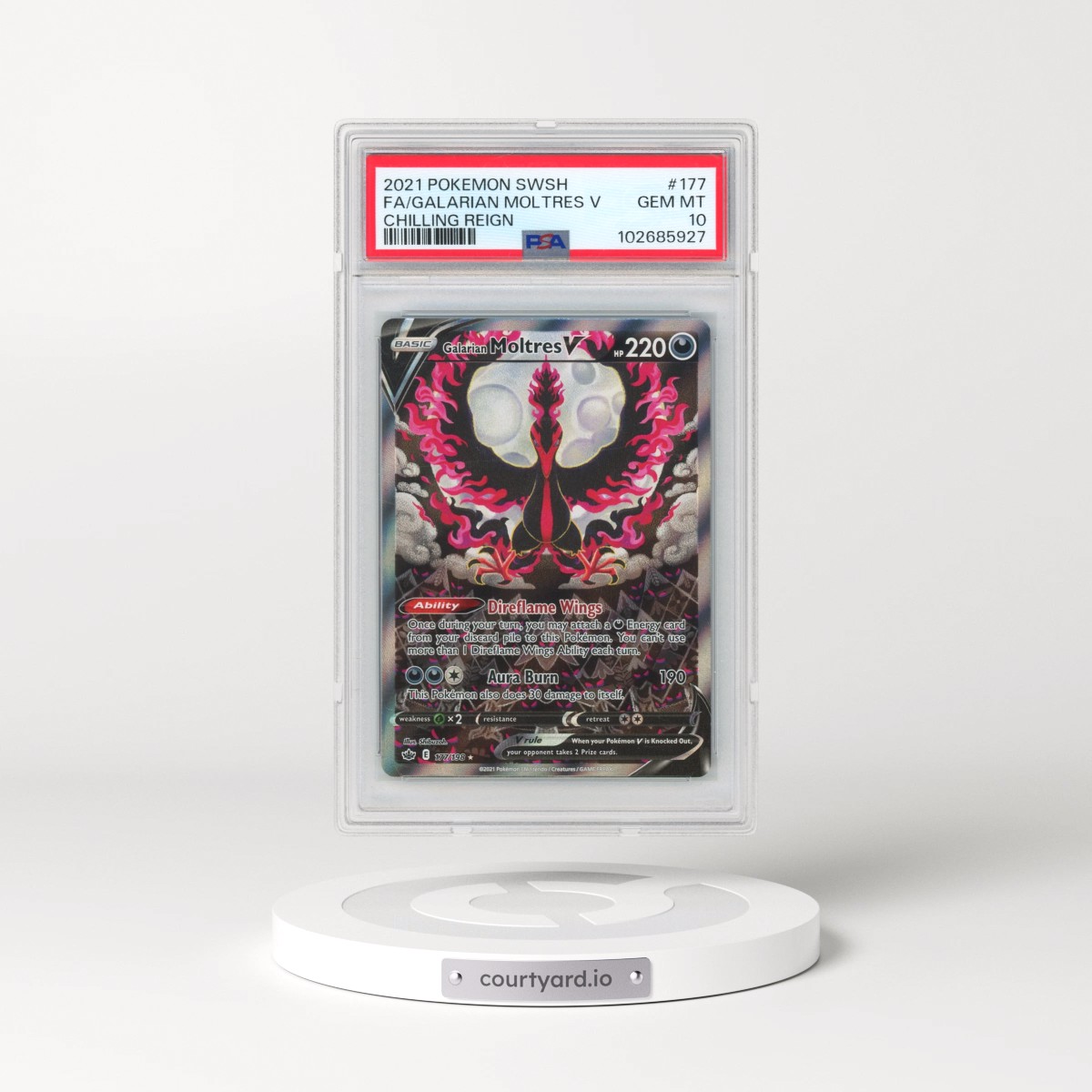2021 Pokémon Sword & Shield Chilling Reign #177 Galarian Moltres V - Holo Full Art (PSA 10 GEM MINT)
