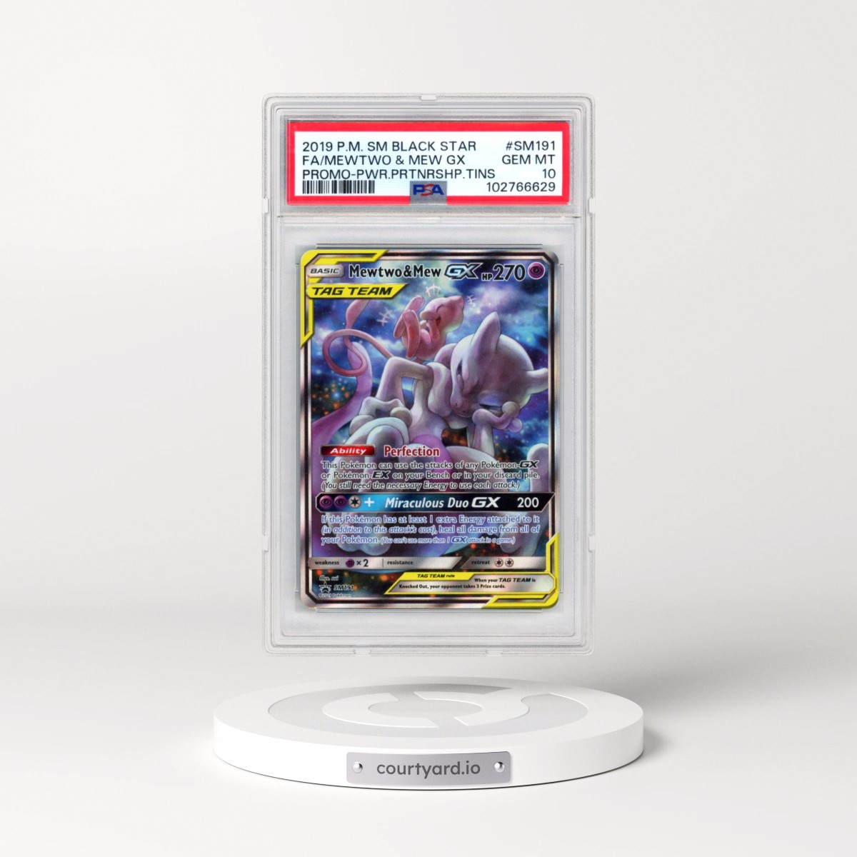 2019 Pokémon SM Black Star Promo #SM191 Mewtwo & Mew GX - Holo Full Art Power Partnership Tins (PSA 10 GEM MINT)