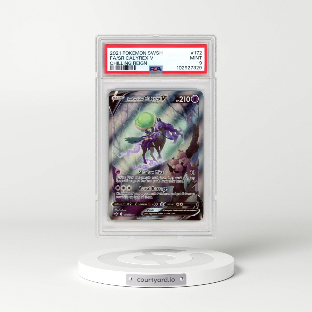 2021 Pokémon Sword & Shield Chilling Reign #172 Shadow Rider Calyrex V - Holo Full Art (PSA 9 MINT)