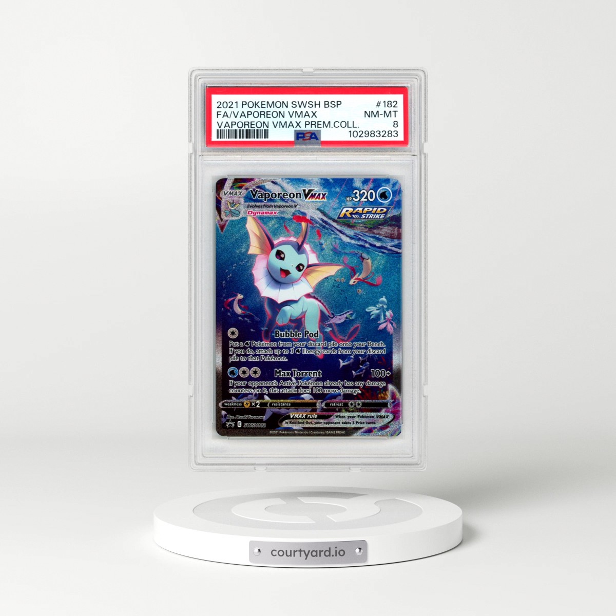 2021 Pokémon Swsh Black Star Promo #182 Vaporeon Vmax - Full Art Vaporeon Vmax Premium Collection (PSA 8 NM-MT)