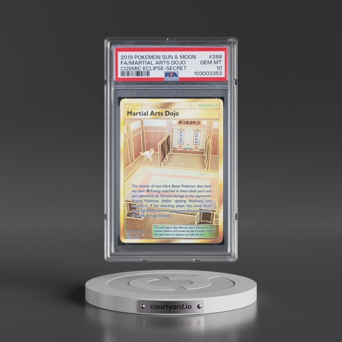 2019 Pokémon Sun & Moon Cosmic Eclipse #268 Martial Arts Dojo - Full Art Secret (PSA 10 GEM MINT)