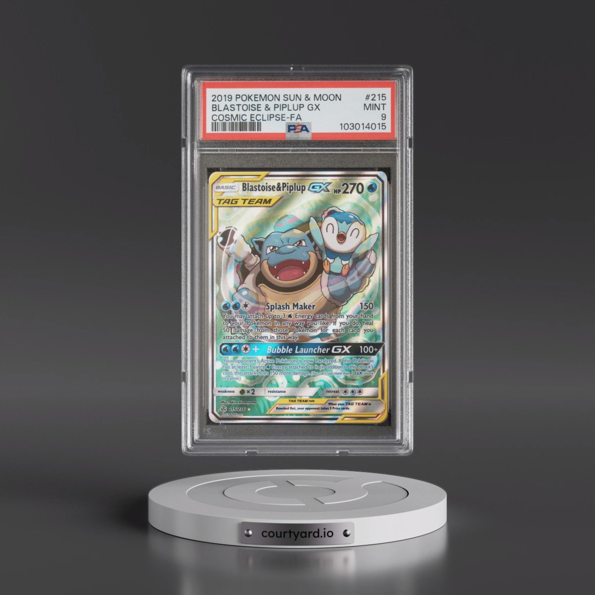 2019 Pokémon Sun & Moon Cosmic Eclipse #215 Blastoise & Piplup GX - Holo Full Art (PSA 9 MINT)