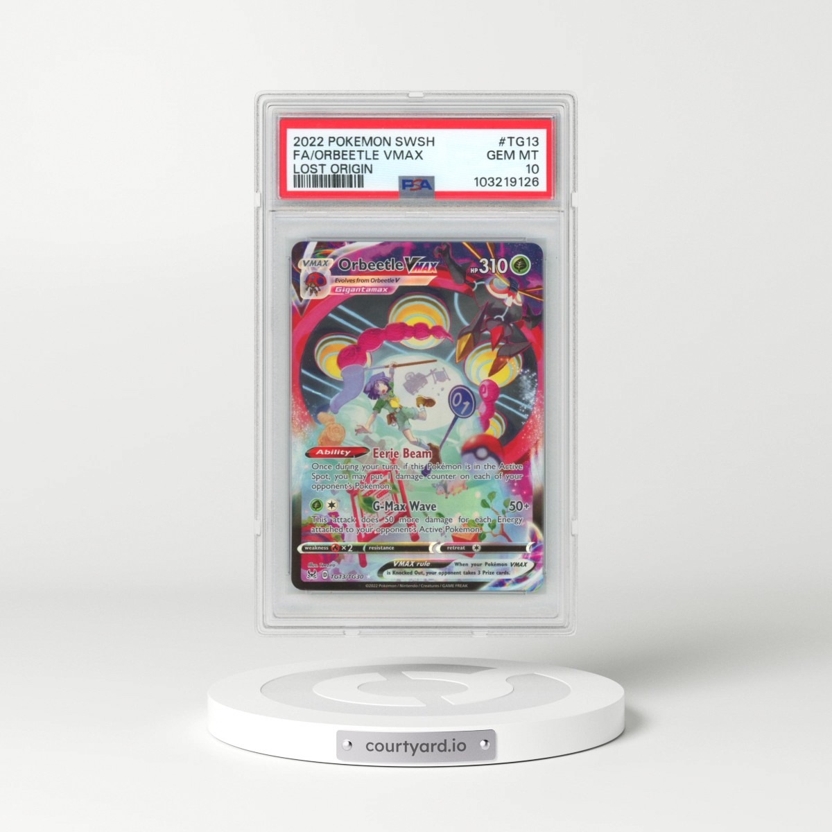 2022 Pokémon Sword & Shield Lost Origin #TG13 Orbeetle Vmax - Full Art (PSA 10 GEM MINT)