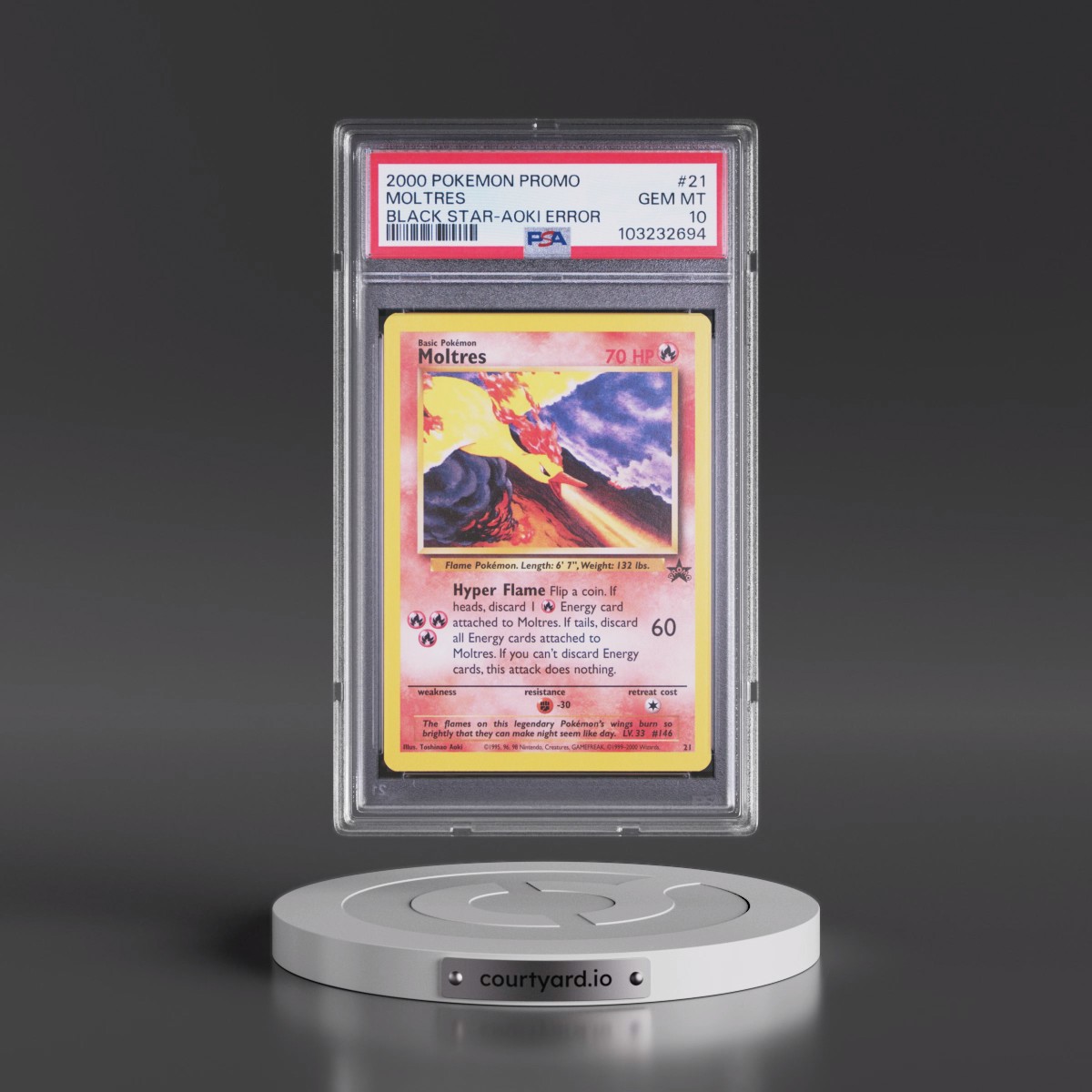 2000 Pokémon Promo Black Star #21 Moltres - Toshinao Aoki Error (PSA 10 GEM MINT)