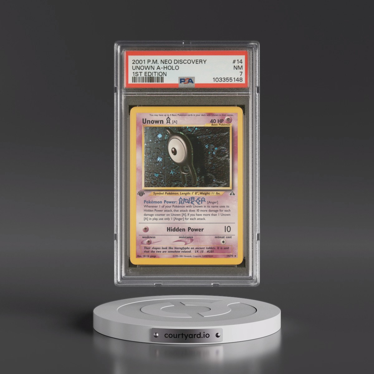 2001 Pokémon Neo Discovery #14 Unown A - 1st Edition Holo (PSA 7 NM)