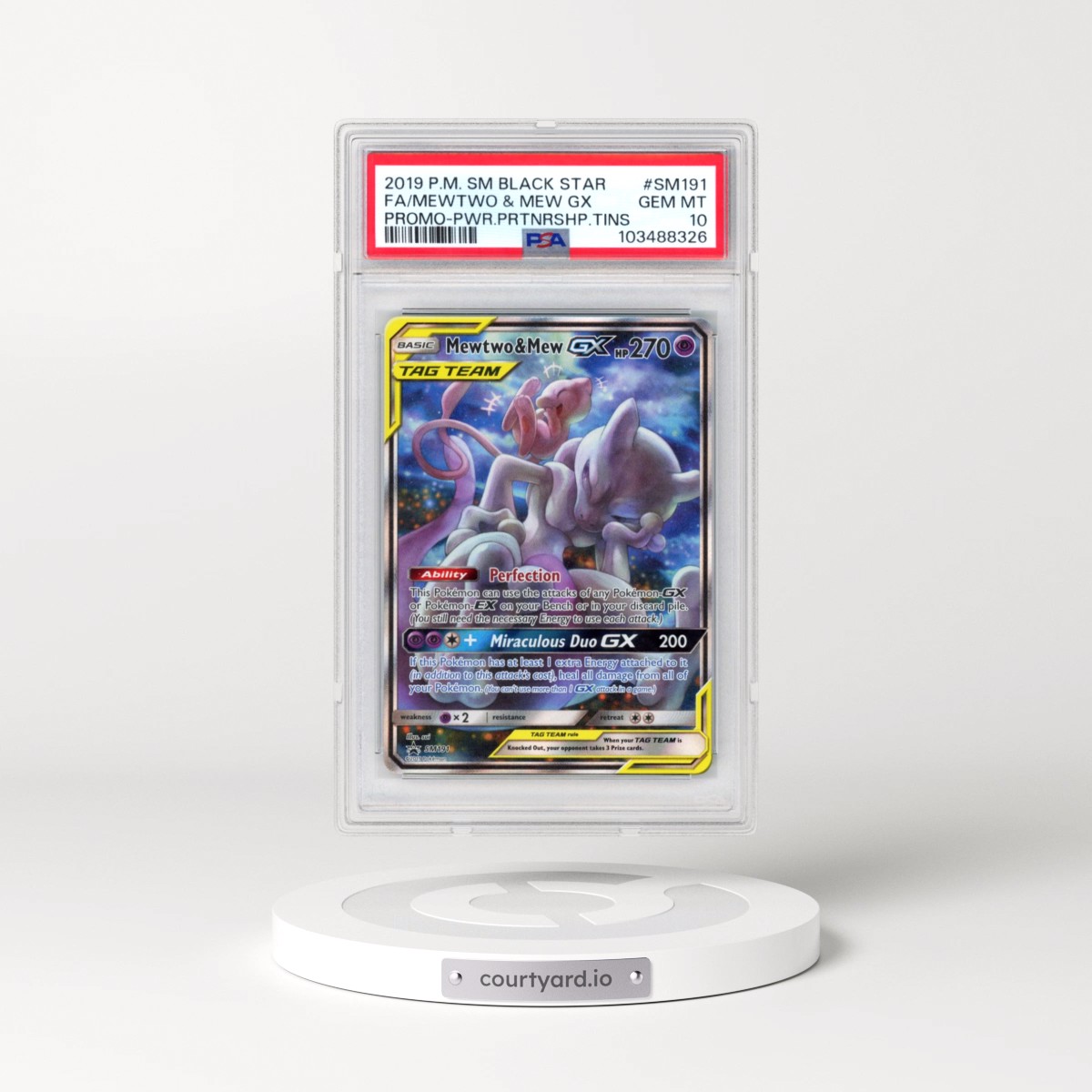 2019 Pokémon SM Black Star Promo #SM191 Mewtwo & Mew GX - Holo Full Art Power Partnership Tins (PSA 10 GEM MINT)