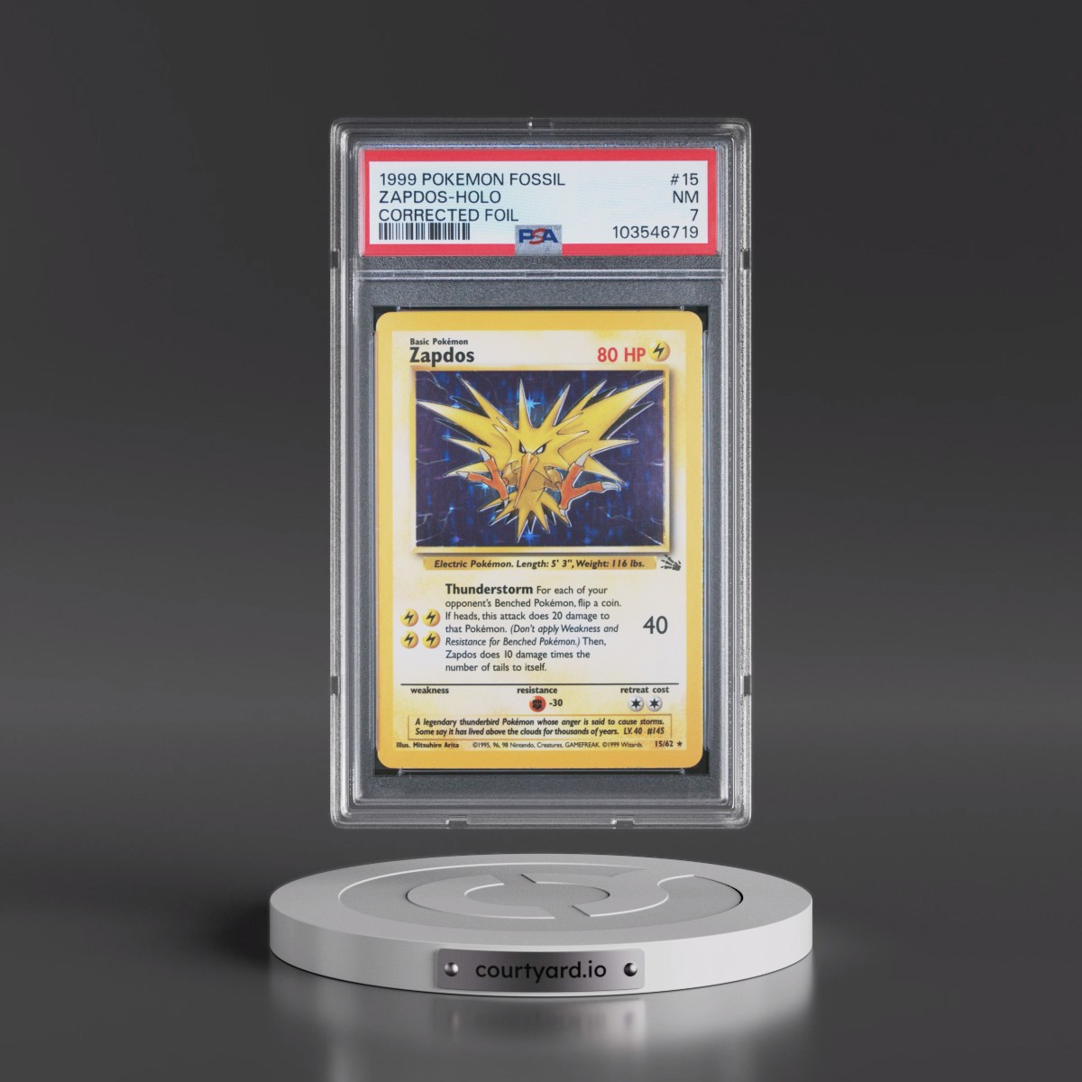 1999 Pokémon Fossil #15 Zapdos - Holo Corrected Foil (PSA 7 NM)