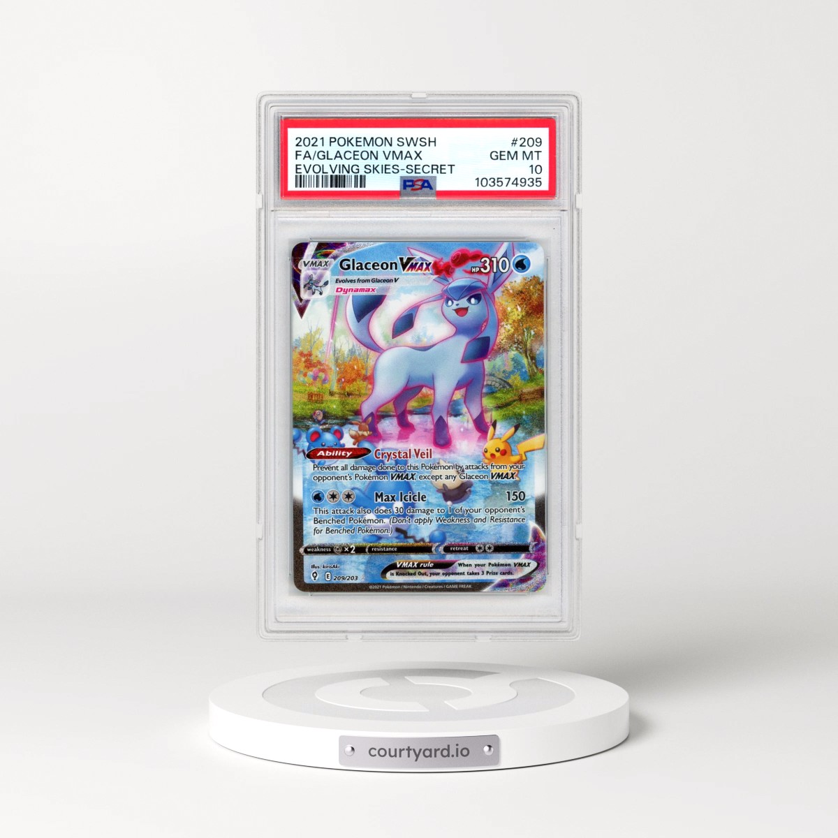2021 Pokémon Sword & Shield Evolving Skies #209 Glaceon Vmax - Full Art Secret (PSA 10 GEM MINT)