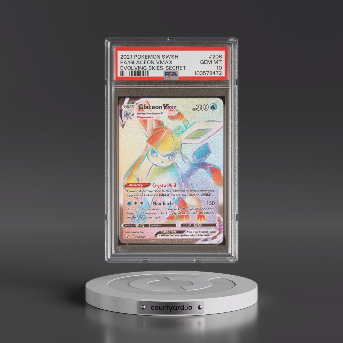 2021 Pokémon Sword & Shield Evolving Skies #208 Glaceon Vmax - Full Art Secret (PSA 10 GEM MINT)