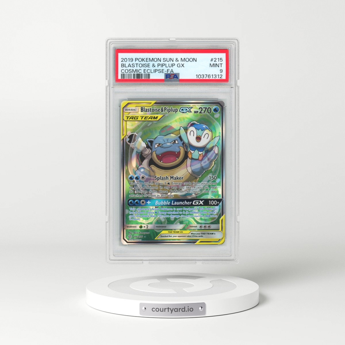 2019 Pokémon Sun & Moon Cosmic Eclipse #215 Blastoise & Piplup GX - Holo Full Art (PSA 9 MINT)