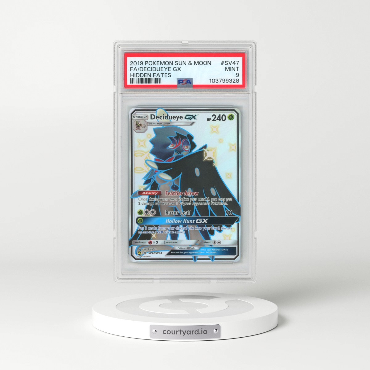 2019 Pokémon Sun & Moon Hidden Fates #SV47 Decidueye GX - Holo Full Art (PSA 9 MINT)