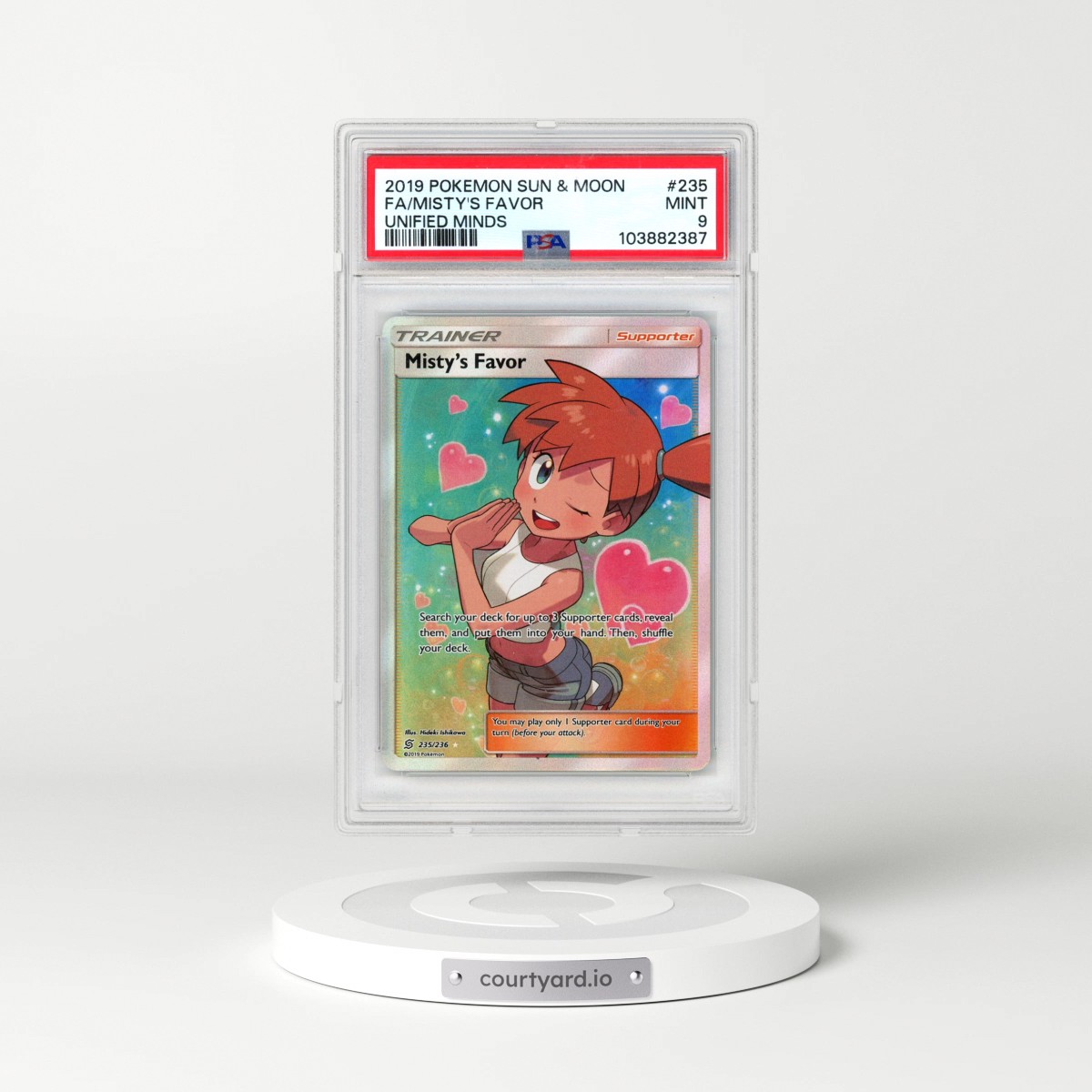 2019 Pokémon Sun & Moon Unified Minds #235 Misty's Favor - Full Art (PSA 9 MINT)