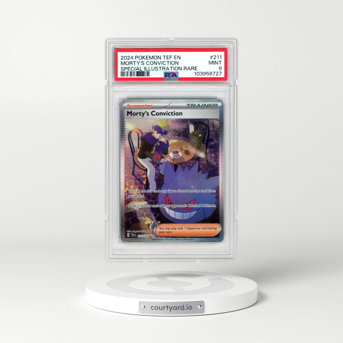 2024 Pokémon Tef EN-Temporal Forces #211 Morty's Conviction - Special Illustration Rare (PSA 9 MINT)