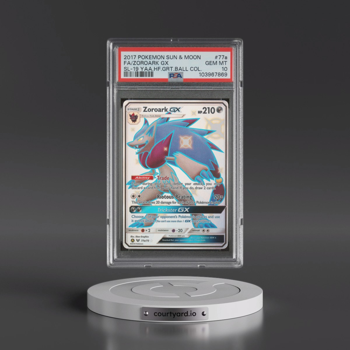 2017 Pokémon Sun & Moon Shining Legends #77a Zoroark GX - Holo Full Art 2019 Yellow A Alternate Art Hidden Fates Great Ball Collection (PSA 10 GEM MINT)
