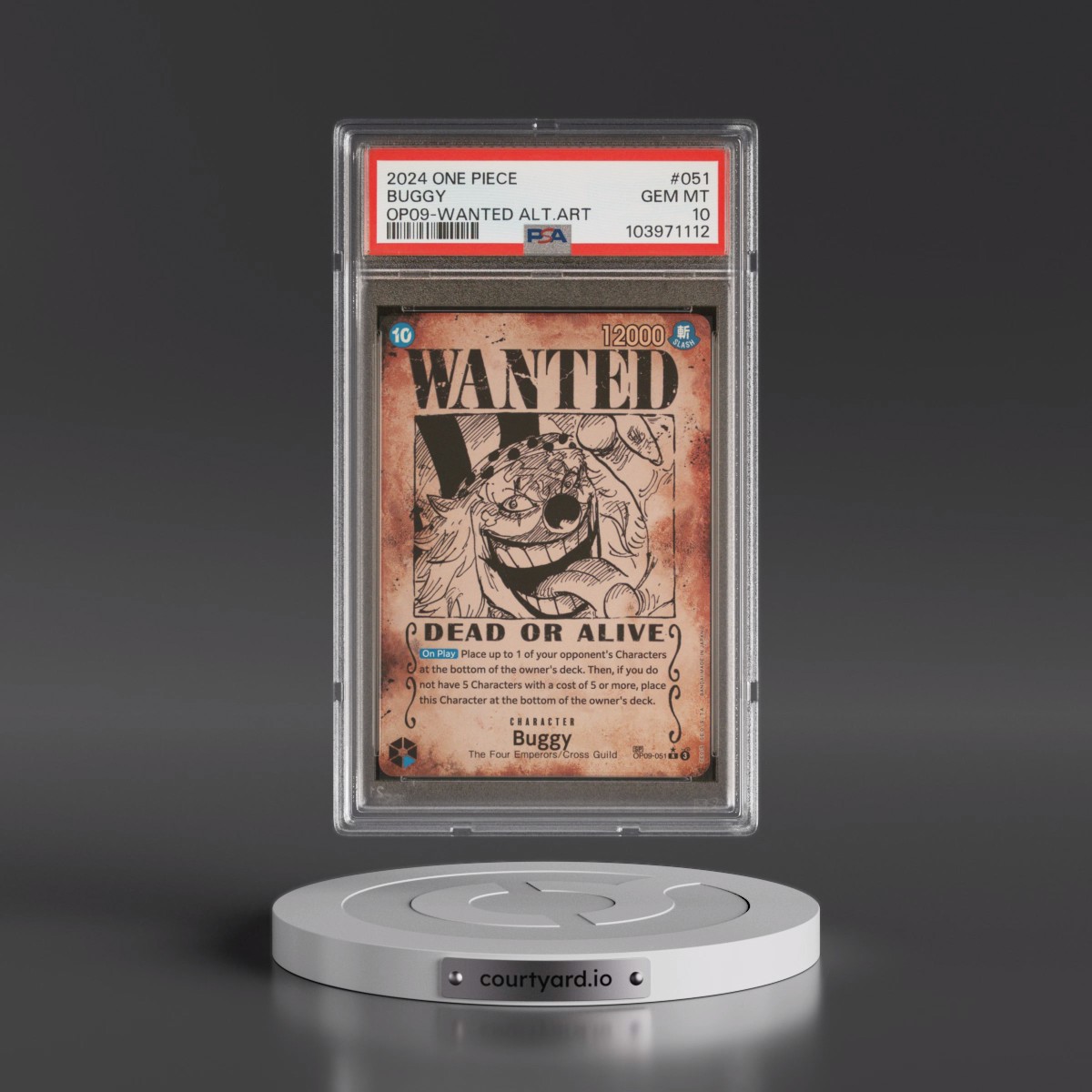2024 One Piece OP09-Emperors in the New World #051 Buggy - Wanted Alternate Art (PSA 10 GEM MINT)