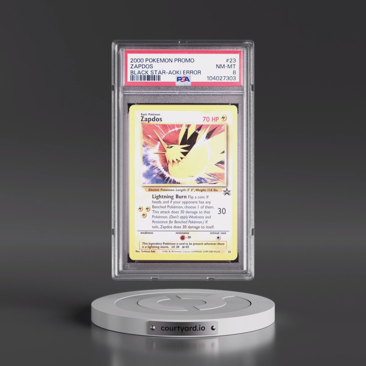 2000 Pokémon Promo Black Star #23 Zapdos - Toshinao Aoki Error (PSA 8 NM-MT)