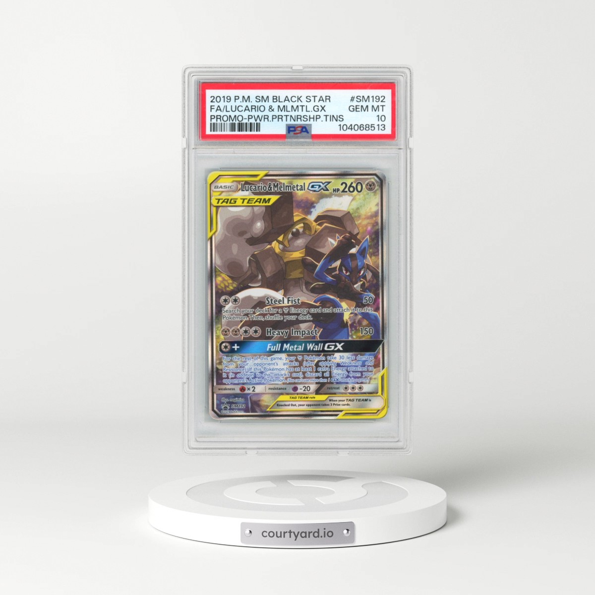 2019 Pokémon SM Black Star Promo #SM192 Lucario & Melmetal GX - Holo Full Art Power Partnership Tins (PSA 10 GEM MINT)