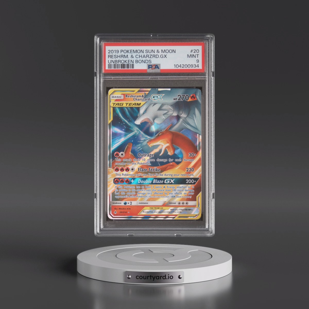 2019 Pokémon Sun & Moon Unbroken Bonds #20 Reshiram & Charizard GX - Holo (PSA 9 MINT)